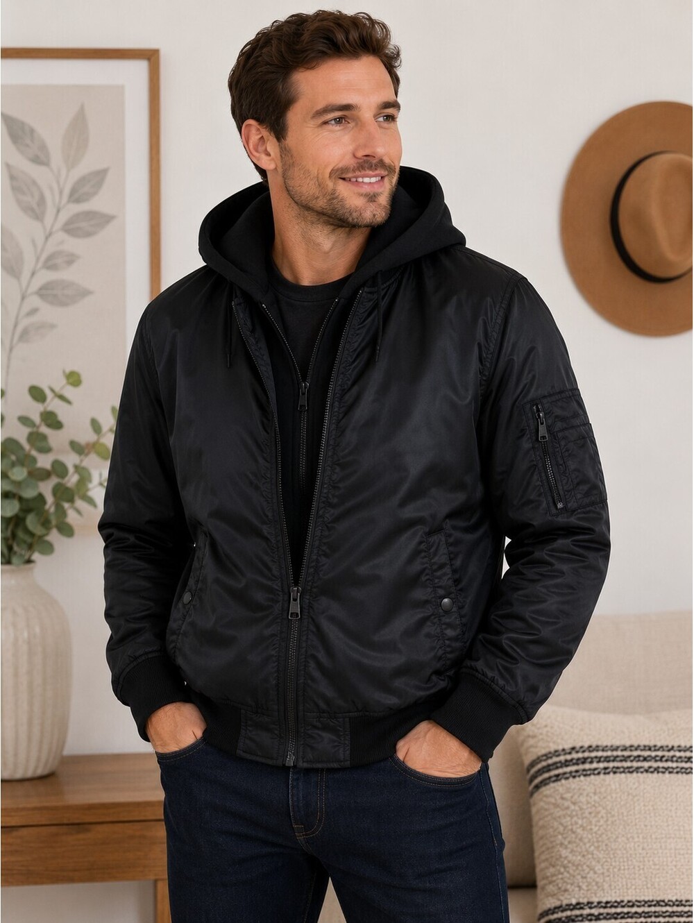 GUESS Men's Black Hooded Jacket Heavy Faux Fur Lined Full Zip Coat Size Large